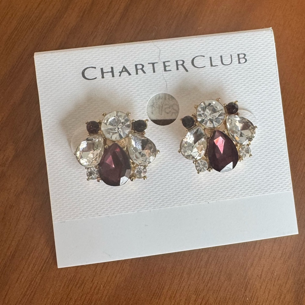 Gold Toned Stud Earrings with Purple and CZ gems